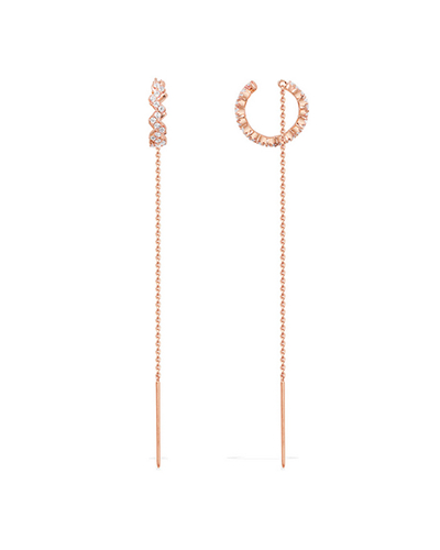 粉金色纯银镶晶钻Z字形链条耳环